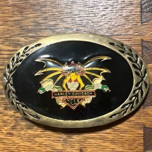 Harley Davidson Vintage Belt Buckle Black Enamel Skull Bat Wings Brass Tone Oval